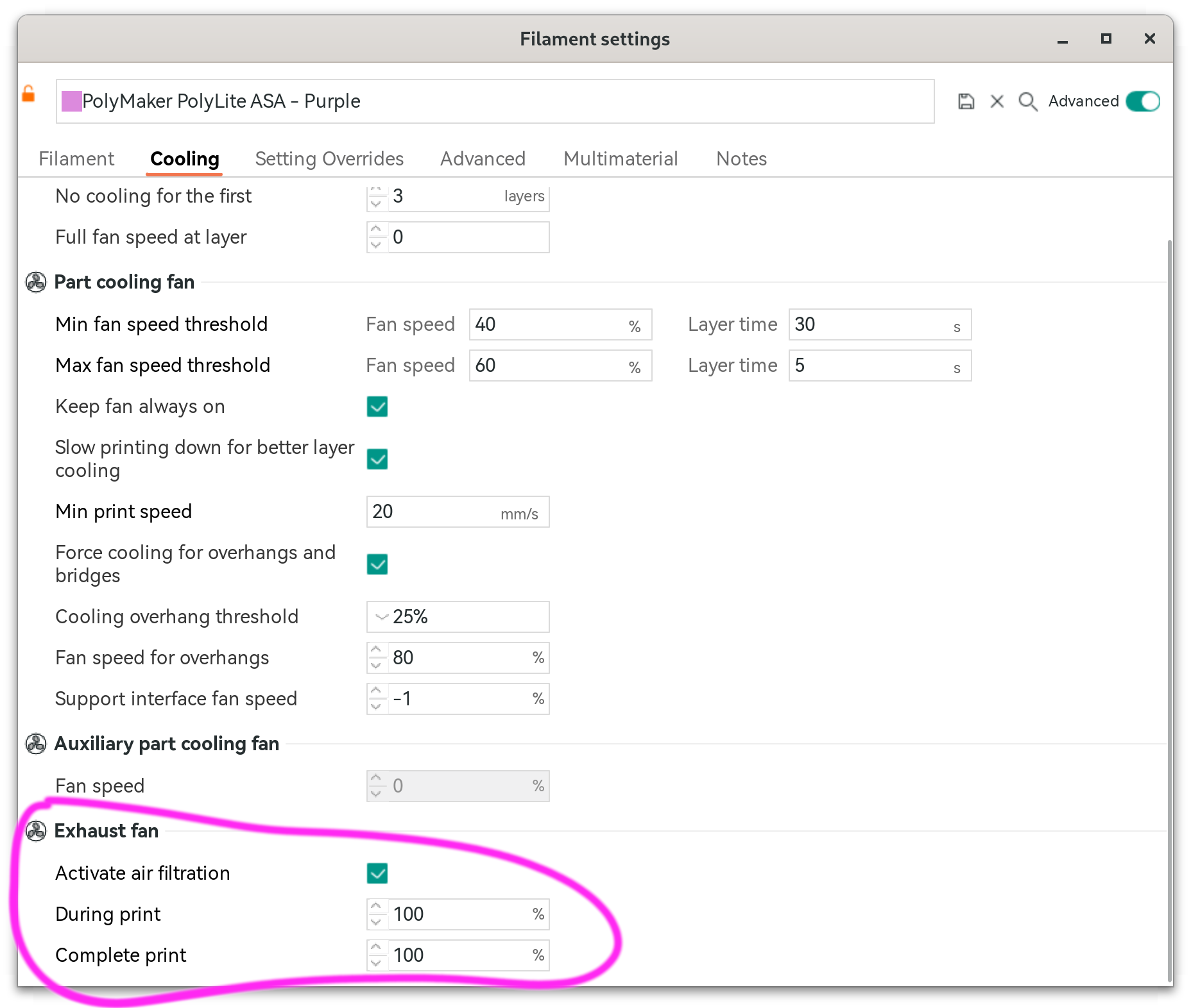 Air Filtration Settings in OrcaSlicer under Cooling "Exhaust Fan"