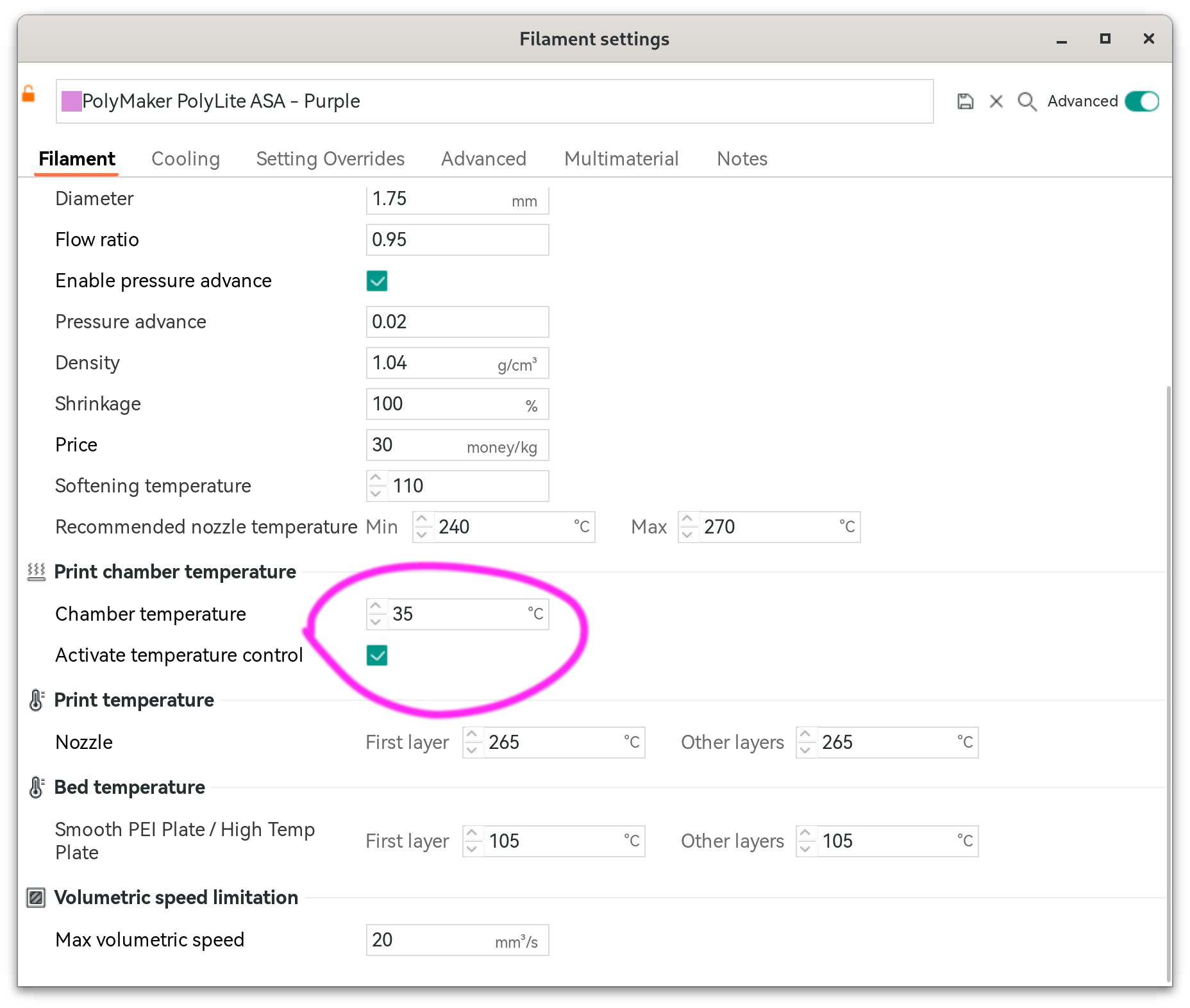 Chamber Temperature Setting in OrcaSlicer under "Filament"